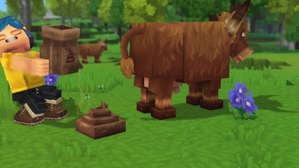 Promotional shot of a character collecting poop from an animal | Hytale