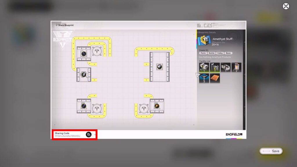 Where to find the Sharing Code for a blueprint | Arknights Endfield