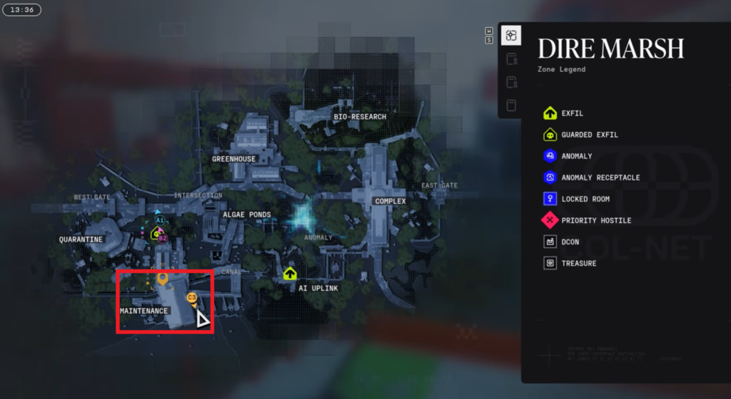 Location of the Maintenance Building marked on the map. 