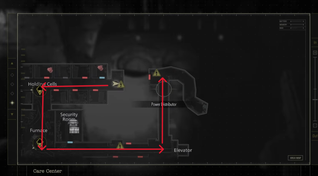 Follow the path marked to reach the power distributor which unlocks the Boiling Room. 