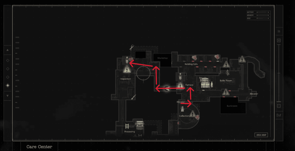 Get back to the room with the forklift which leads to the Inspection room.