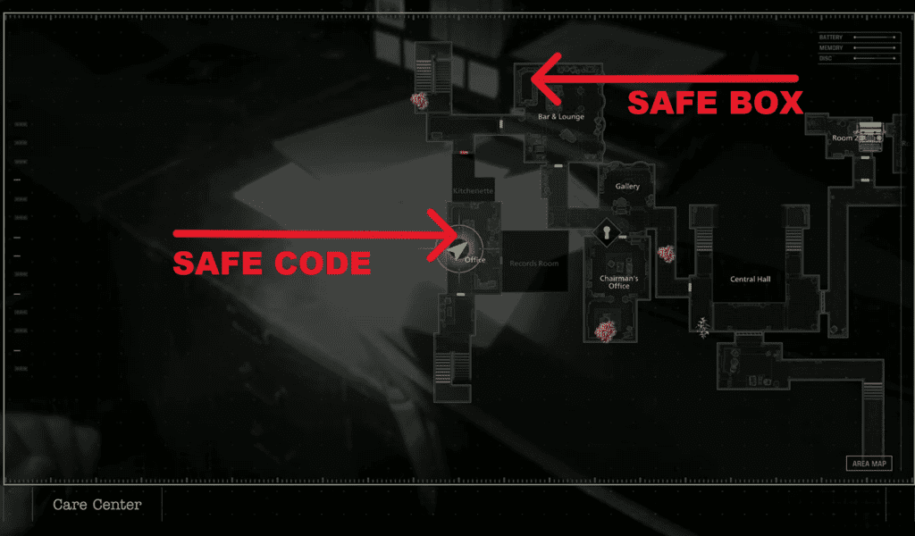 Location of both the Safe Code and Safe Box marked on the map. 