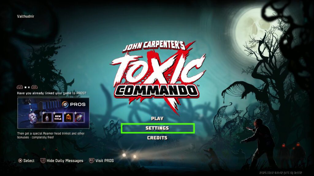 Settings in the main menu | John Carpenter's Toxic Commando