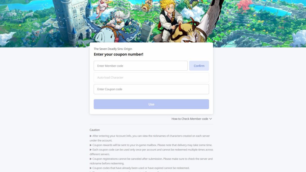 Coupon Redeem website | The Seven Deadly Sins:  Origin