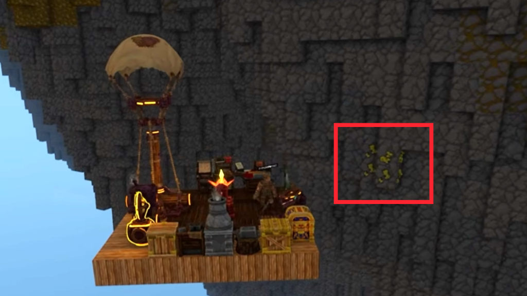 Underside of a floating island containing ore that can be seen from afar. 
