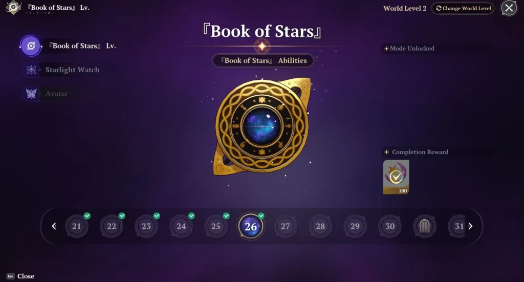 Book of Stars menu