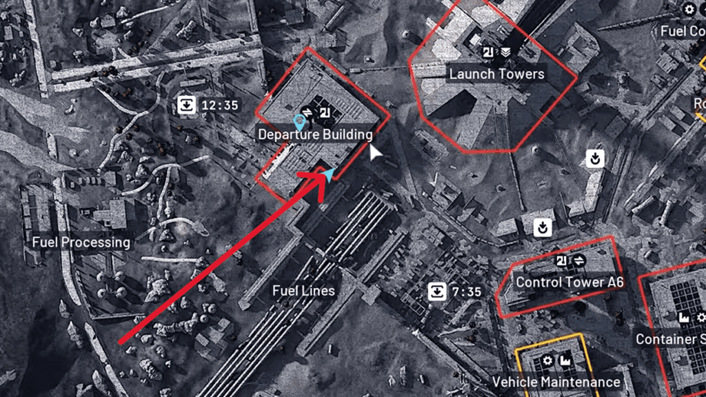 Location of the Departure Building entrance marked on the map.
