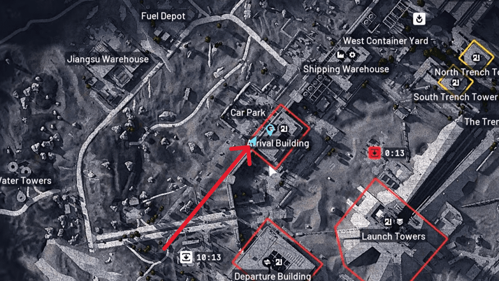 Location of the Arrival Building entrance marked on the map.