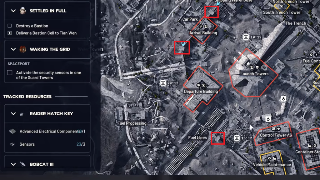 Location of three guard towers marked on the map. 