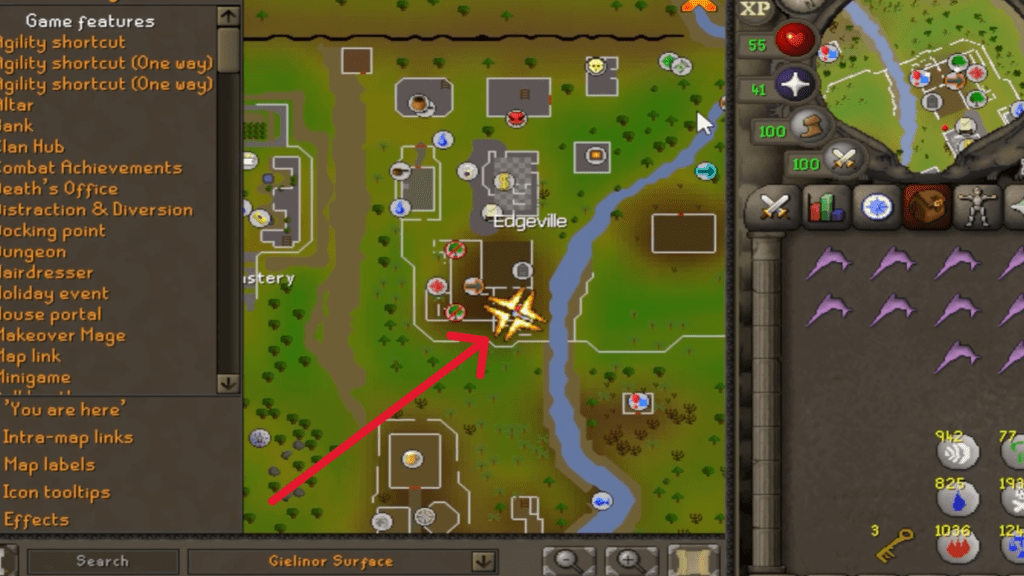 Location of the Edgeville Dungeon marked on the map.