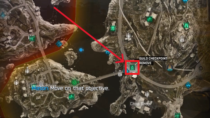 Location of the Guild Checkpoint activity marked on the map.