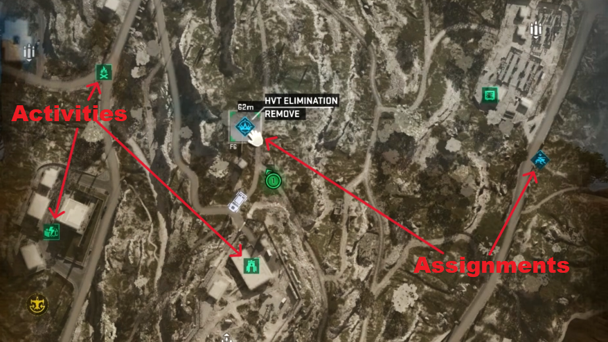 Examples of Activities and Assignments marked on the map.