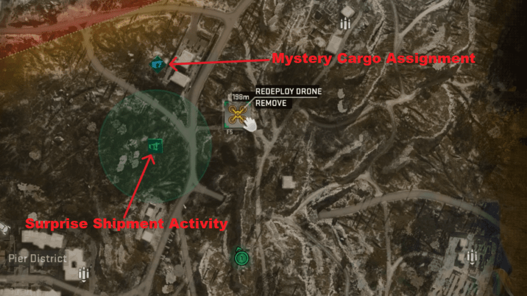Locations of Mystery Cargo Assignment, Surprise Shipment Activity and Redeploy Drone marked on the map.
