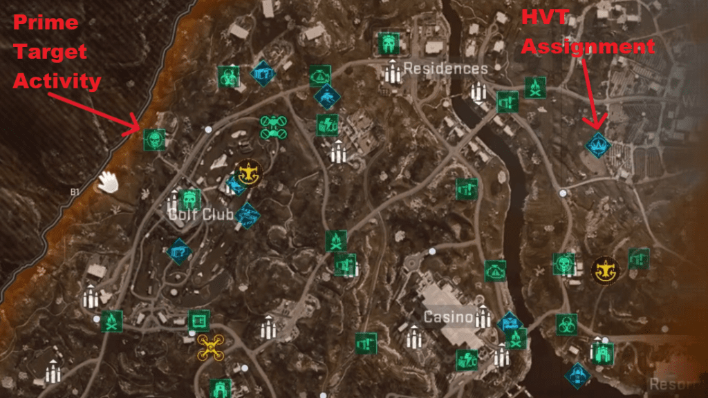 Locations of HVT Assignment and Prime Target Activity marked on the map.