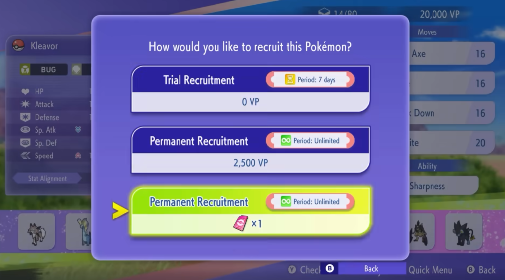 The Pokémon recruitment options.