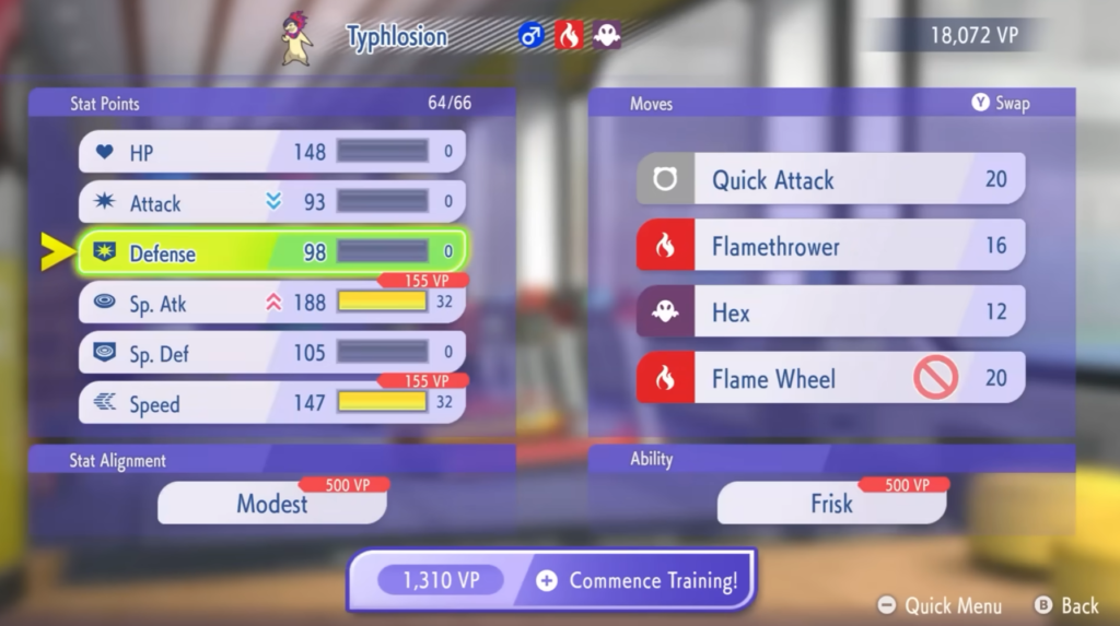 The training Pokémon screen.