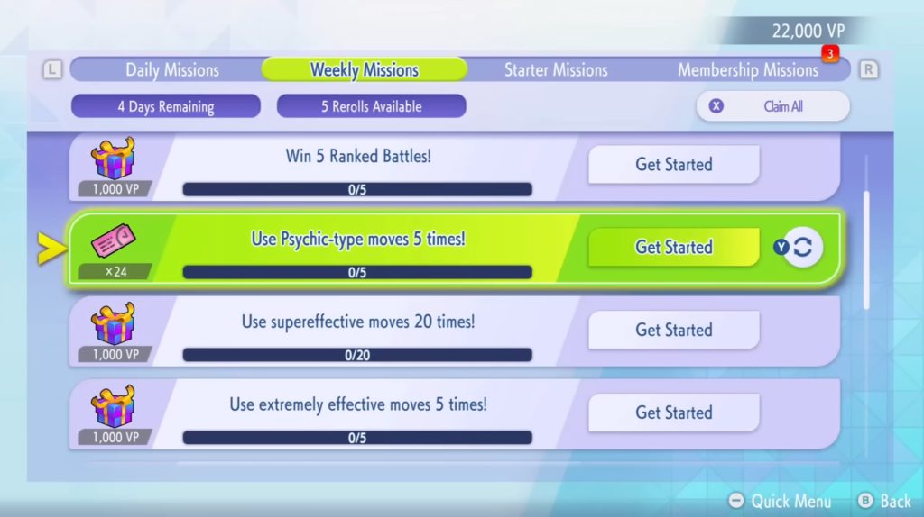 The missions screen.