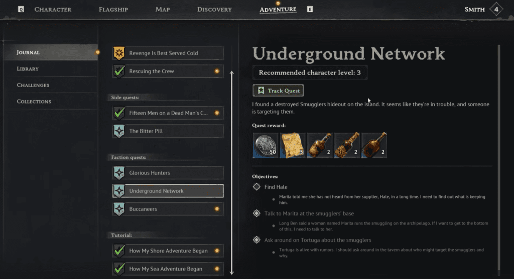 The questline that leads to Smugglers den. 
