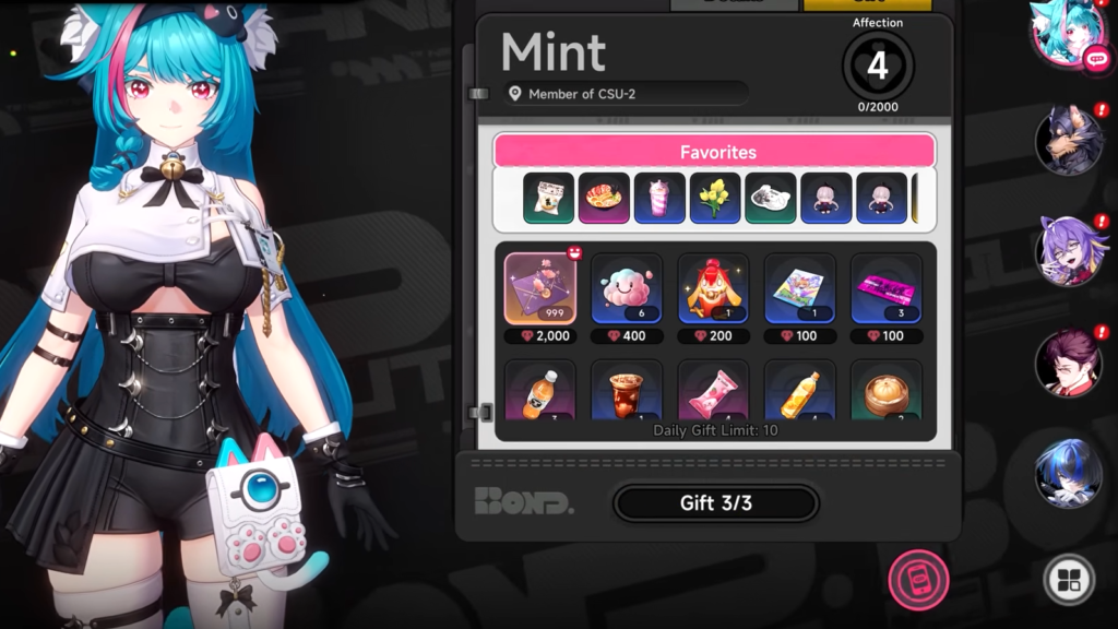 The Character Gifting Menu.