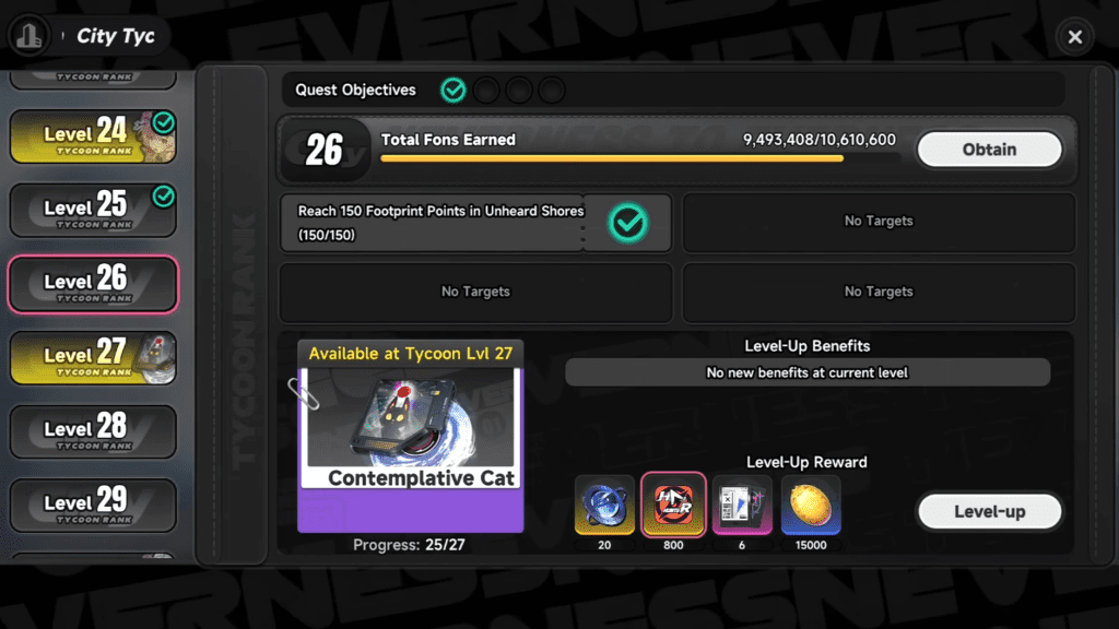 The Tycoon Levels interface. 