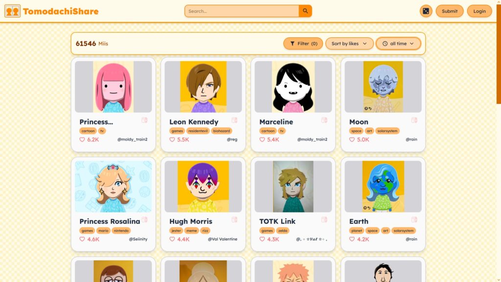 Screenshot of TomodachiShare, website to share Miis for Tomodachi Life games