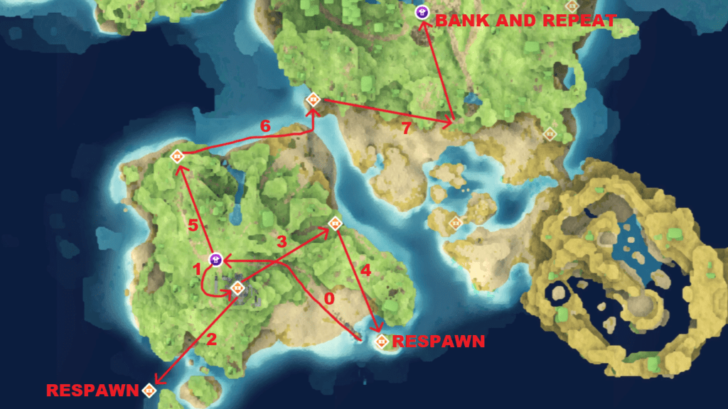 The best early game chest farming route marked on the map from start to end. 