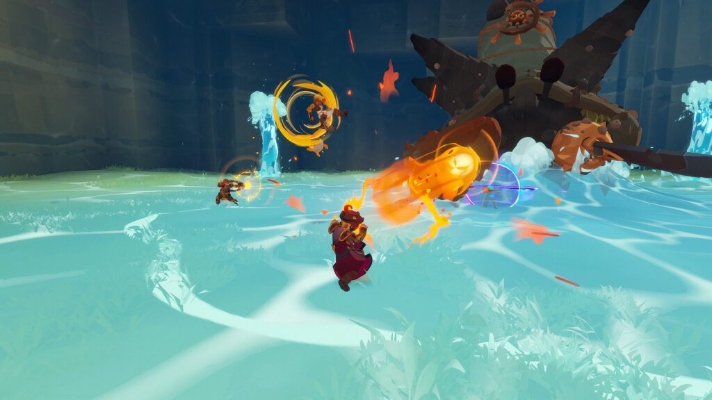 Farever gameplay, fighting a Manfish crustacean boss