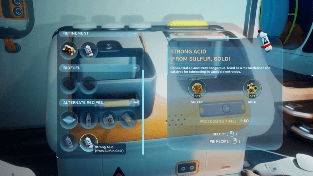 The Processor Menu showing the alternative recipe for making Strong Acid.