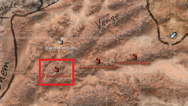 Location of the Tower of Abuse in Venge marked on the map.