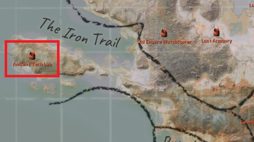 Location of the Ancient Tech Lab in The Iron Trail marked on the map.
