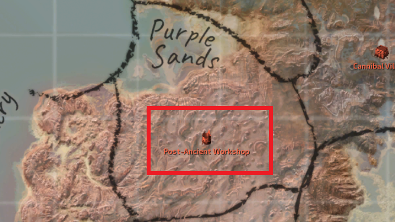 Location of the Post-Ancient Workshop in Purple Sands marked on the map.
