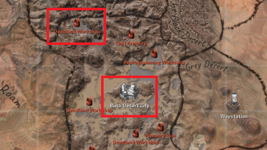 Locations of the Deadland Workshop and the Black Desert City marked on the map.