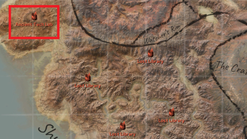 Location of the Ancient Tech Lab in Shun marked on the map.