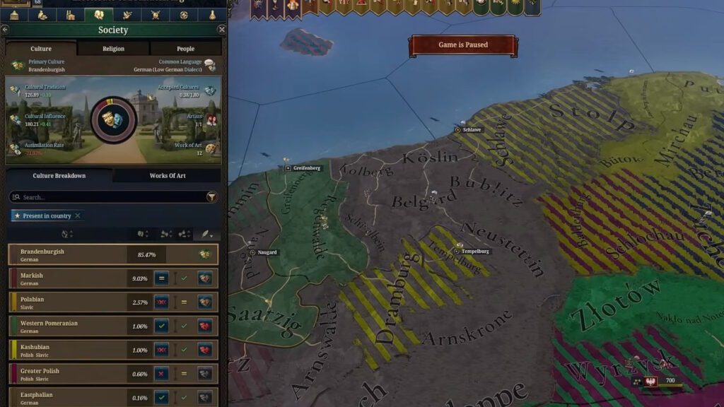 The Culture tab of the Society menu | Europa Universalis 5