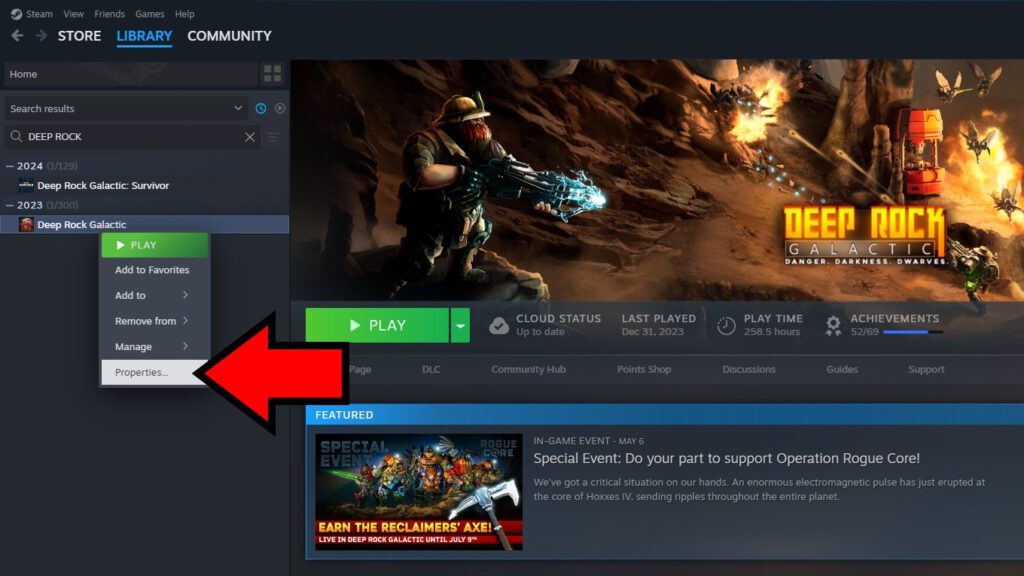 Opening the Properties of Deep Rock Galactic on Steam