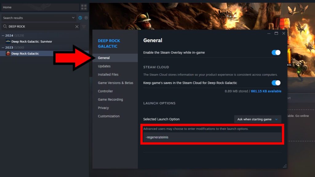 Using the -regenerateinis Launch Option on Deep Rock Galactic on Steam