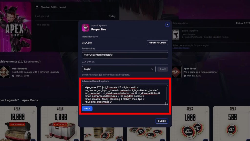 Apex Legends Launch Options in EA App