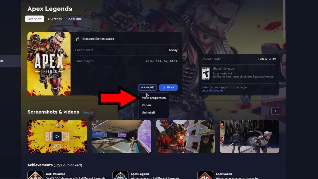 Apex Legends Properties in EA App