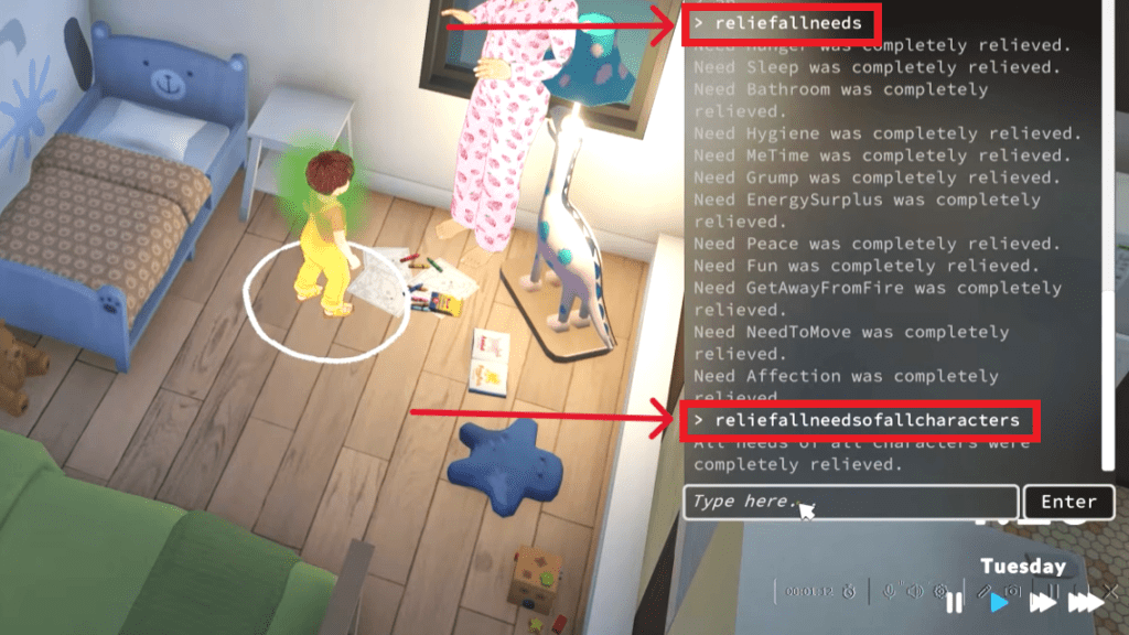 The "Cheats Command" console window showing "reliefallneeds" and "reliefallneedsofallcharacters" commands in action. 