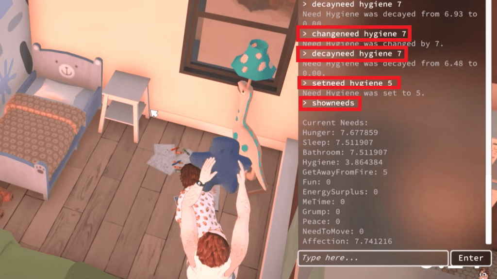 The "Cheats Command" console window showing other need related commands in action. 