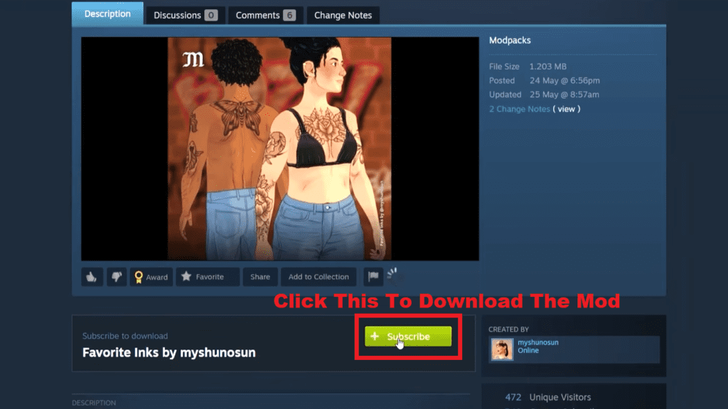 Example of Subscribing to a mod on the Steam Workshop page.
