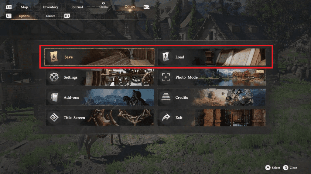 The "Others" menu screen which gives you the option to save and load a save file manually. 