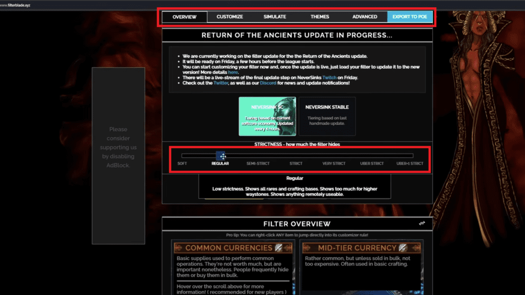 The Filterblade page which lets you easily create and customize Loot Filters for PoE 2.