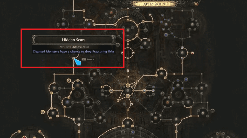 The "Hidden Scars" node is marked on the Atlas Passive Skill Tree. 