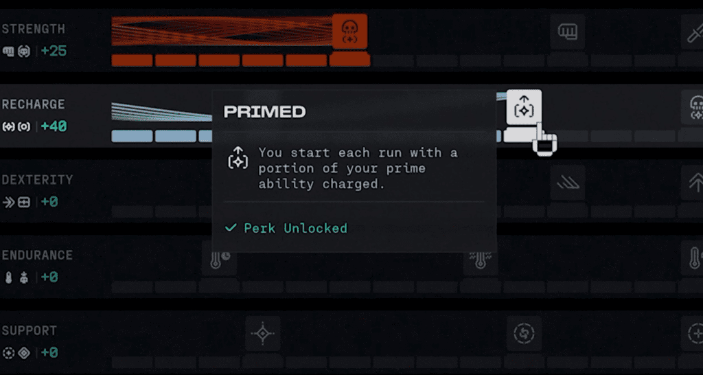 Every stat has a couple of runner upgrades called Perks. 