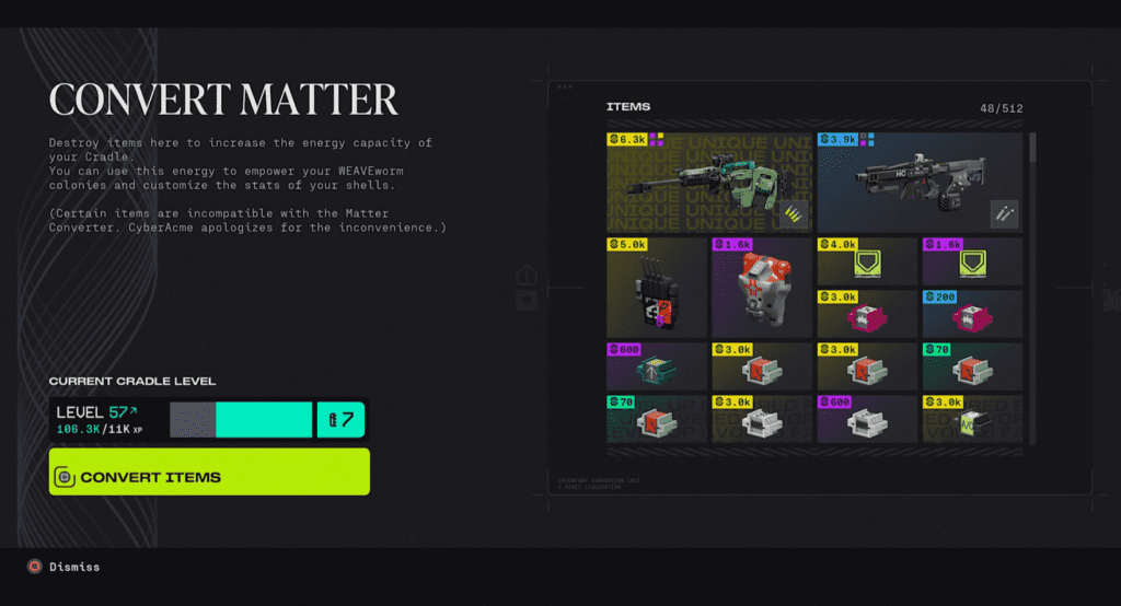 Convert items that you do not need into Cradle progression through the "Convert Matter" system. 