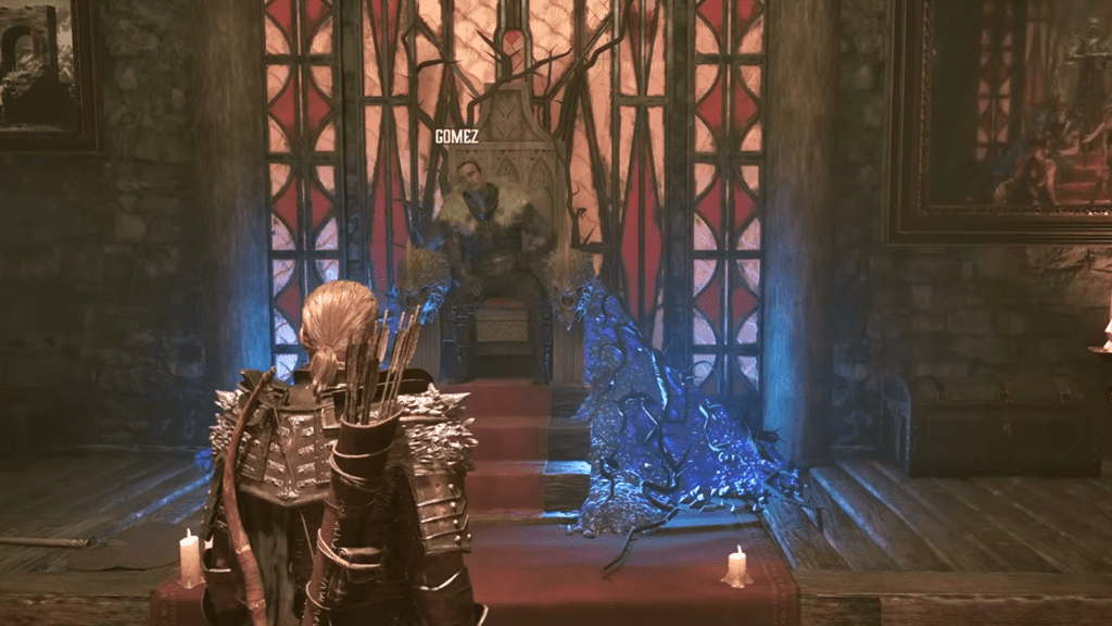 Gomez sitting on his throne inside the castle. 