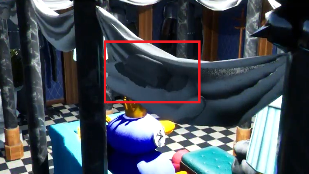 Example of hiding on one of the sides of the white curtains between pillars. 