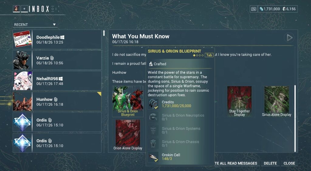 Sirius and Orion Blueprint Warframe