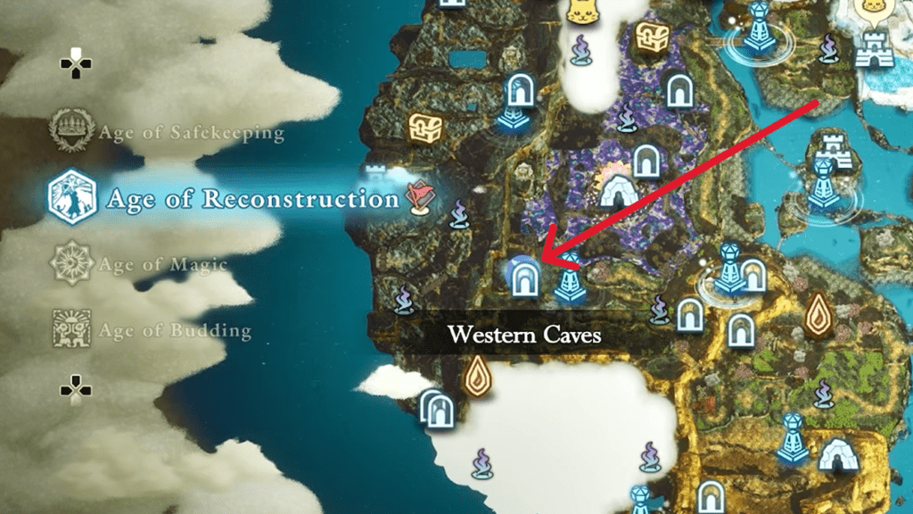 The location of the "Western Caves" for the Age of Reconstruction is marked on the map here.